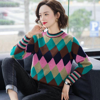 Color Block Sweater for Women Loose Casual Sweater Women Autumn Fashion All-match O-neck Pullover Sweater Diamond Plaid Knitted Sweater Outer Wear