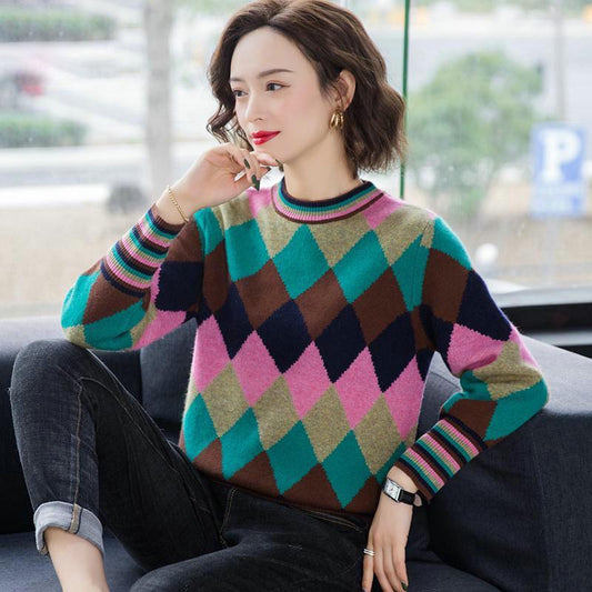 Color Block Sweater for Women Loose Casual Sweater Women Autumn Fashion All-match O-neck Pullover Sweater Diamond Plaid Knitted Sweater Outer Wear