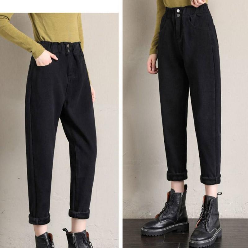 Black Denim Women's Straight-leg Pants Are Thin In Winter Plus Velvet Thickened Feet Pants Loose Large Size Wild Fashion Trousers