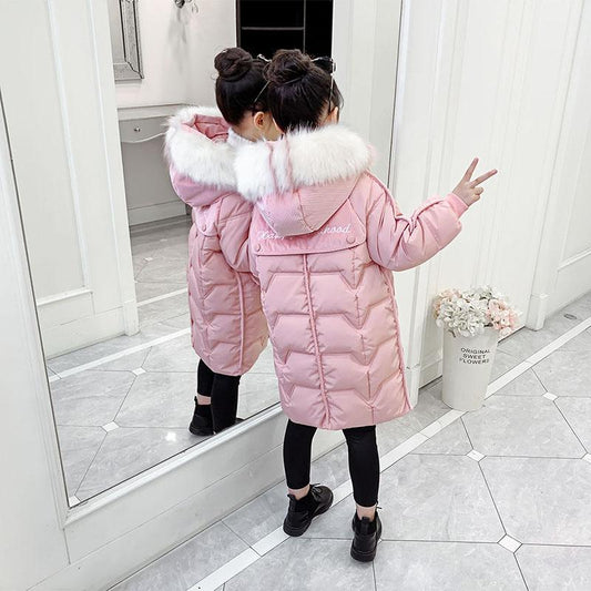 Girls' Warm Cotton Clothes Mid-length Padded Coat Winter Plus Velvet Padded Jacket