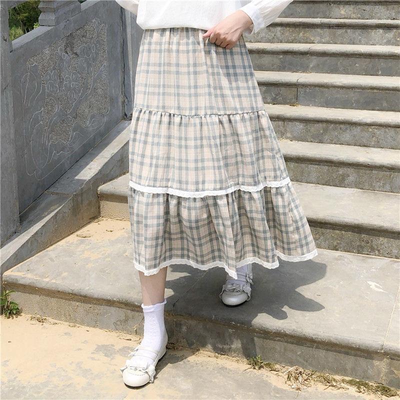 Lace Folds Plaid Skirt Girls Women High Waist A-line Mid-length Half Skirt Thin Daily Student School