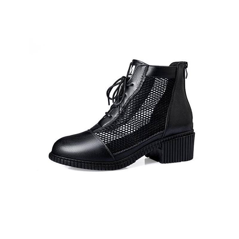 Ladies Mesh Breathable Cool Boots Spring and Autumn Middle Heel Lace Back Zipper Hollow Single Boots Thick Heel Martin Boots Women