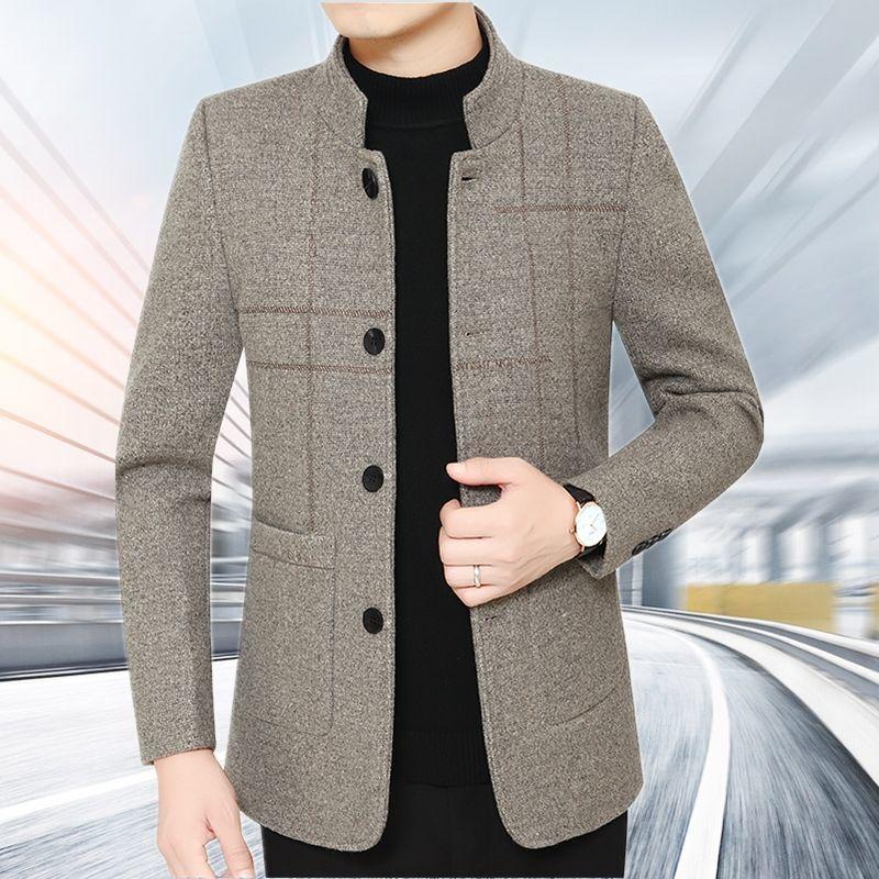 Men's Woolen Jacket Stand Collar Middle-aged Slim Casual Business Jacket Thickened Plus Size Dad Outfit