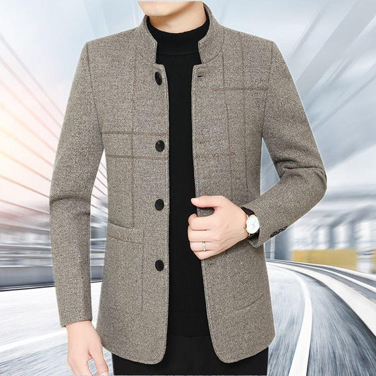 Men's Woolen Jacket Stand Collar Middle-aged Slim Casual Business Jacket Thickened Plus Size Dad Outfit