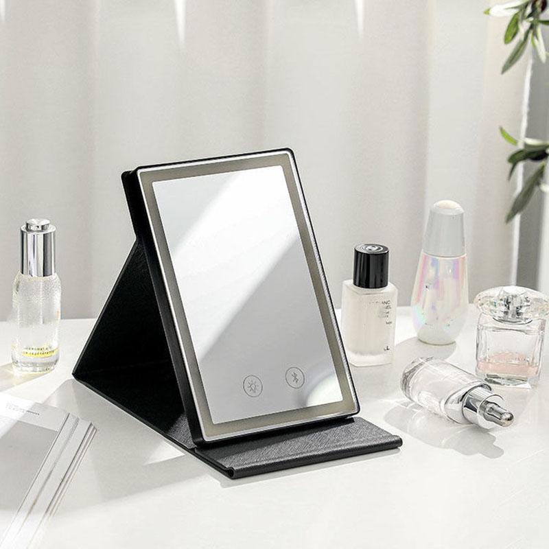 Ladies Professional LED Leather Bluetooth Makeup Mirror Portable Foldable Mirror and Speakers In One HD Mirror Touch Screen Control