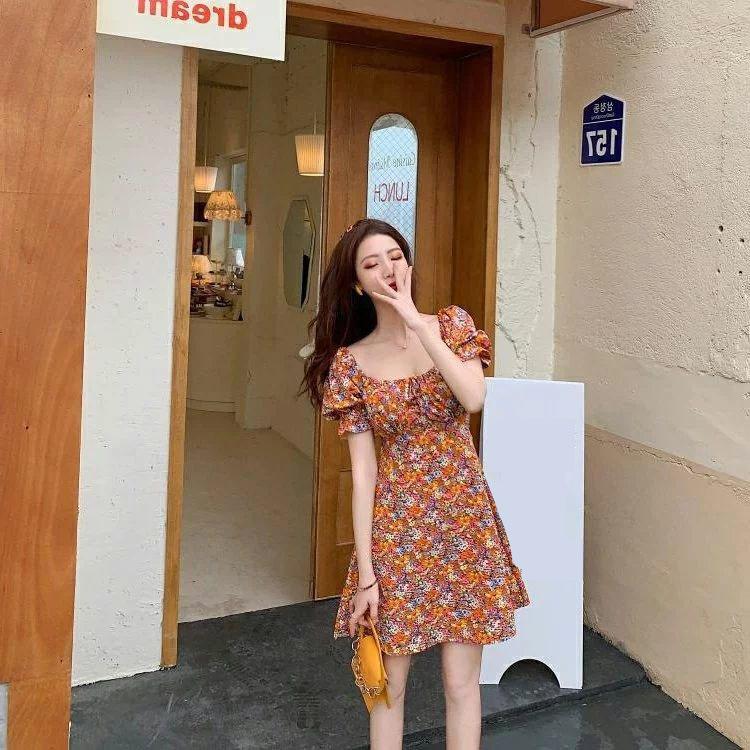 Female Gentle Elegant Floral Print High Waist Dress Square Neck Bubble Sleeve Vintage Slim Holiday Dress