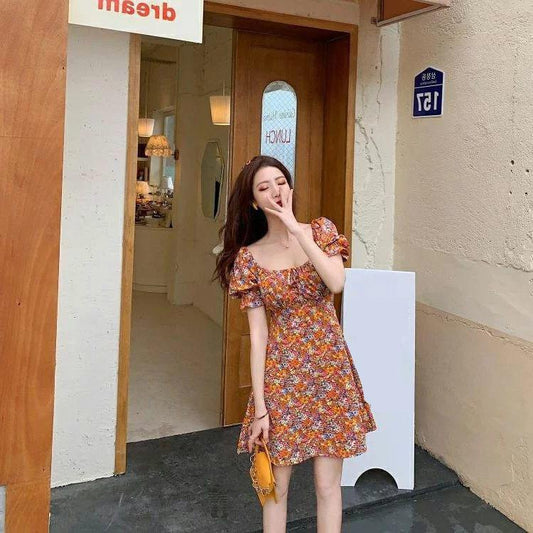 Female Gentle Elegant Floral Print High Waist Dress Square Neck Bubble Sleeve Vintage Slim Holiday Dress