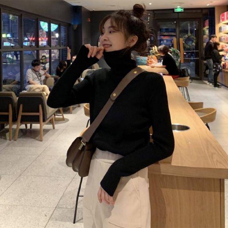 Pofulove Solid Color Pile Neck Sweater Undershirt Women Autumn and Winter Thick Turtleneck Sweater