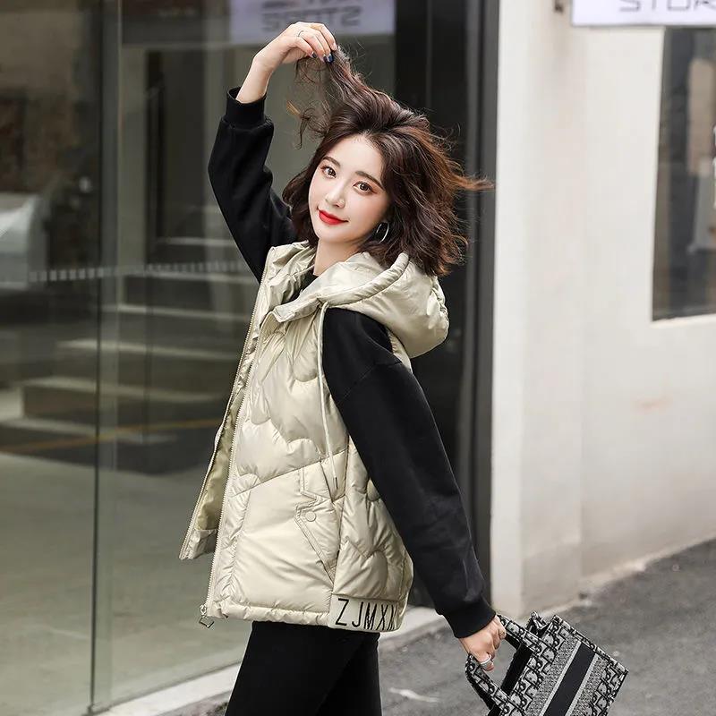 Winter Ladies Hooded Down Vest Jacket Fashion Glossy Down Cotton Sleeveless Jacket Thicken Warm Winter Vest