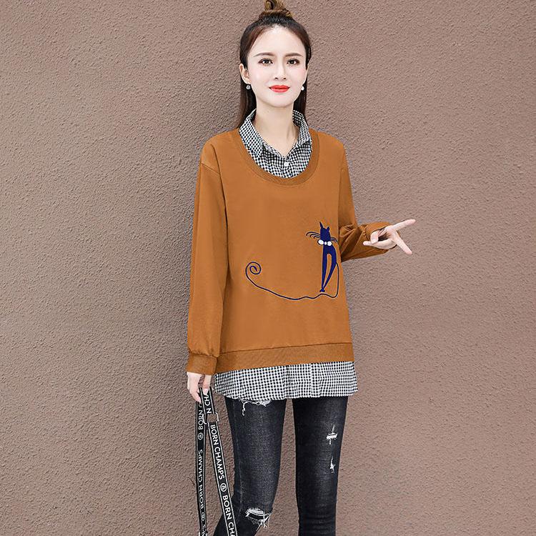 Women's Faux Two-piece Stitched Sweater Spring and Autumn Thin Long Sleeve Tops Solid Color Printed Loose Coats