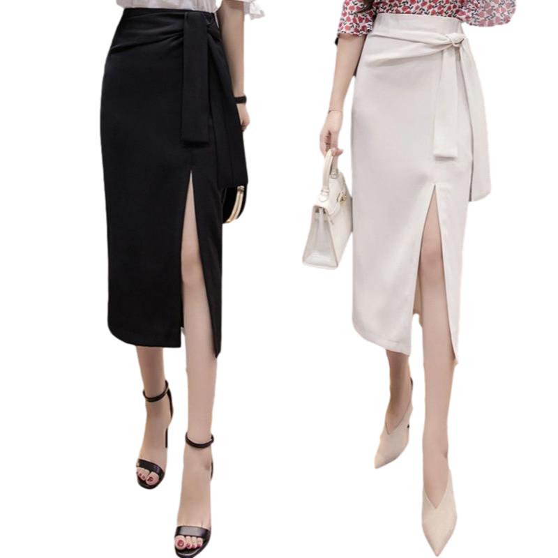 Women Sexy Irregular Bow Tight High WaistHip Skirt Mid-calf Split Zipper Club Casual Home Office