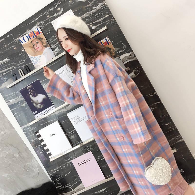 Wool Coats Women Winter Fur Pockets Straight Womens Coats Turn Down Collar Thick Striped Wool Coats