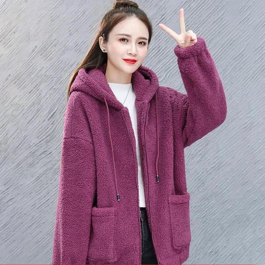 Autumn and Winter Hooded Zipper Cardigan Plus Velvet Thickening Imitation Lamb Velvet All-match Loose Warm Jacket Women