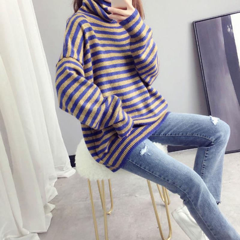 Pullover Lazy Striped Sweater Women Autumn and Winter Korean Knit Bottoming Shirt Loose Turtleneck Thick