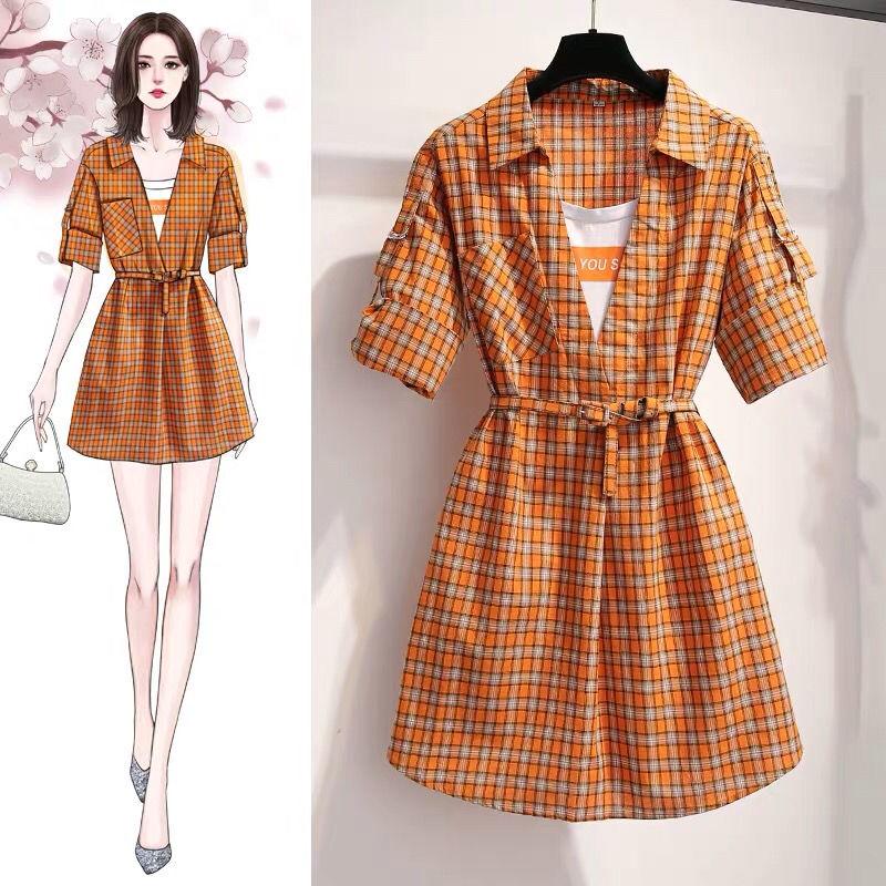 Pofulove Summer dress plus size women's plaid dress slim short sleeve shirt dress with pocket