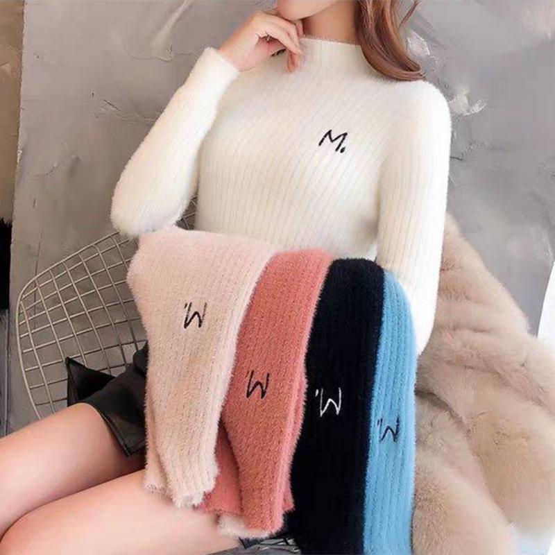 Pofulove waterproof mink half turtleneck sweater women long-sleeved winter fit bottoming shirt women