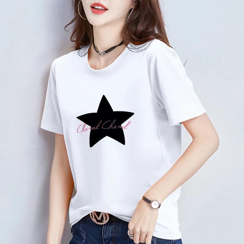 Women Summer T-shirt Solid Color Large Size Short Sleeve Cartoon Star and Letters Printed Loose Elastic Casual T-shirt