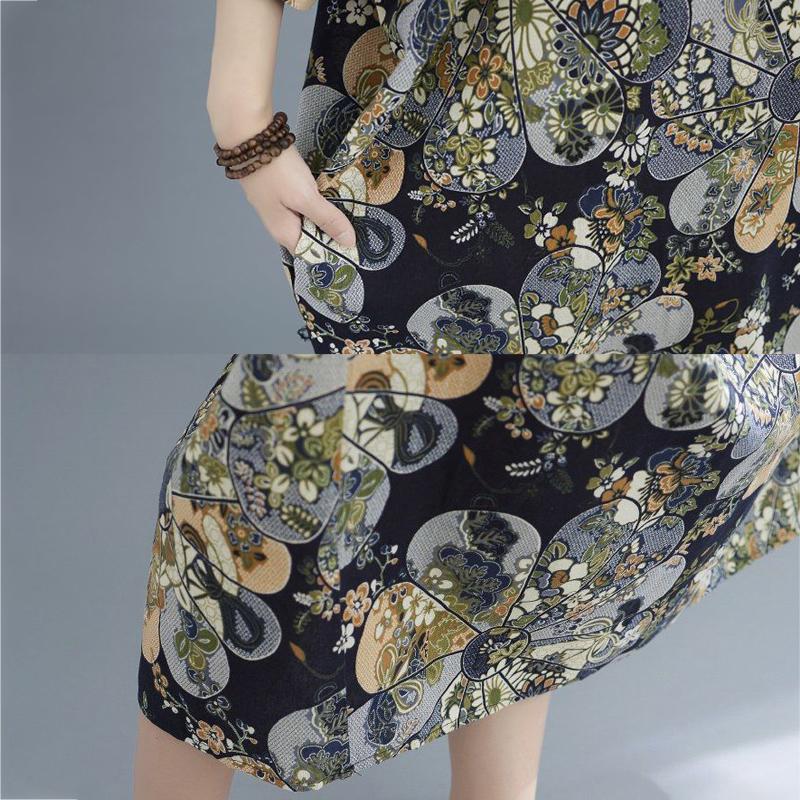 WTEMPO Printing Cotton and Linen Plus Size Ladies Dress Summer 1/2 Sleeve Round Neck Long Dress Casual Full Length