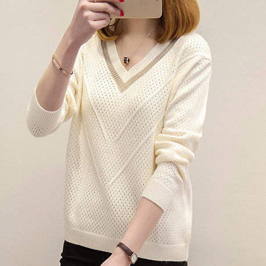 Spring and Autumn V-neck Knitted Sweater Fashion Long-sleeved Bottoming Shirt Short Plus Size Women's Top