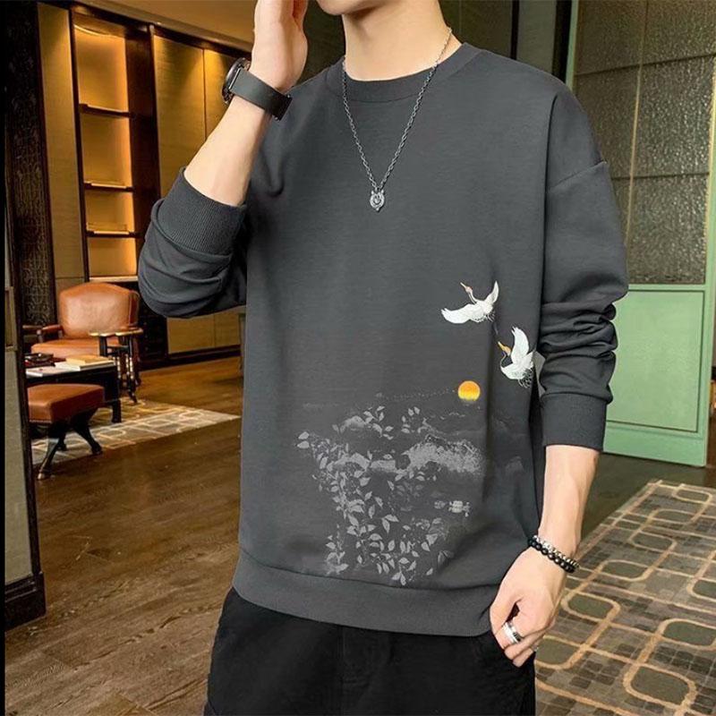 Spring and Autumn Long-sleeved Pullover Sportswear Men's Trend Round Neck Thin Section Solid Color Printing Men's Jacket Top