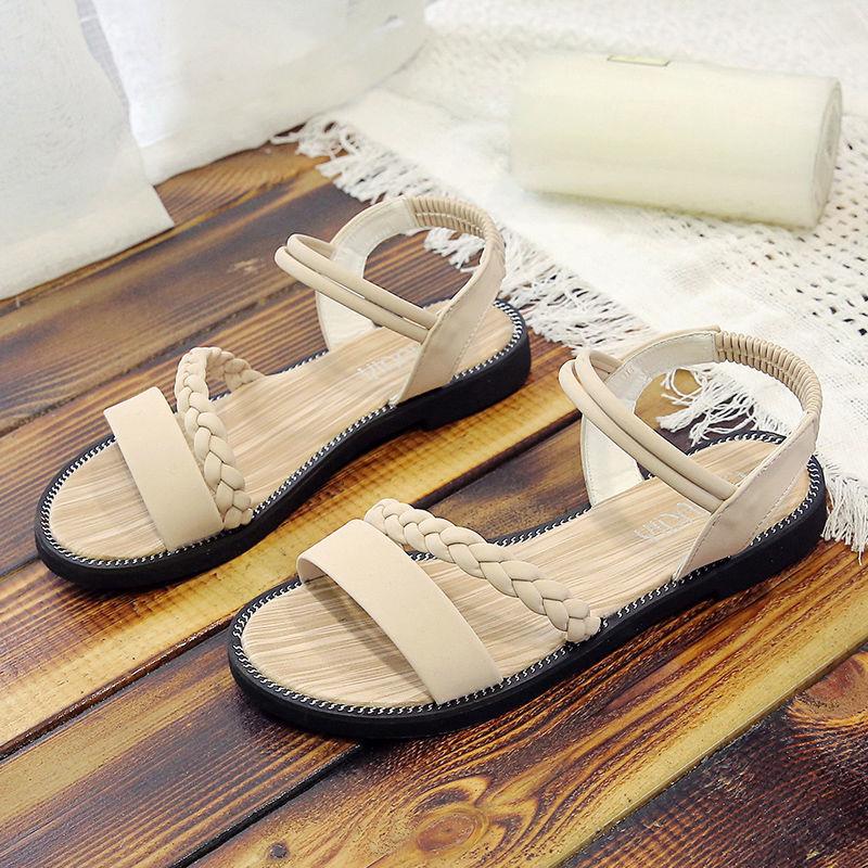 Flat Sandals Women's Shoes Open-toe Elastic Band Sandals Women's Casual Women's Flat-bottom Beach Shoes College Style All-match Sandals