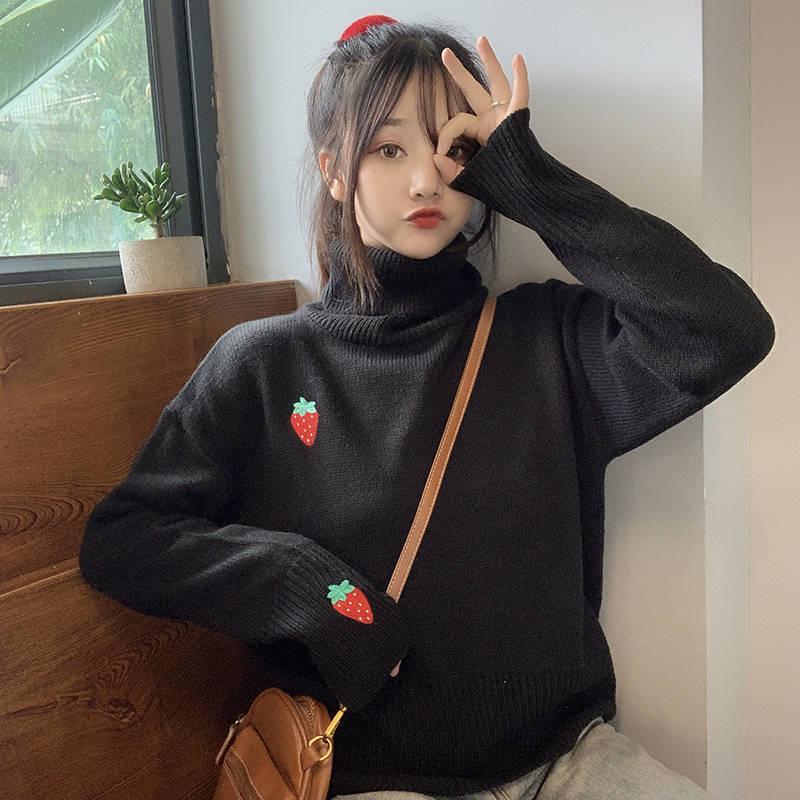 Winter Long-sleeved Loose Strawberry Embroidered Turtleneck Sweet Girl Was Thin Sweater
