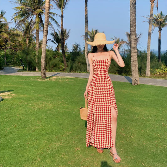 Female Vintage Slim Suspender Holiday Dress Elegant Backless Long Graceful Plaid Vacation Dress