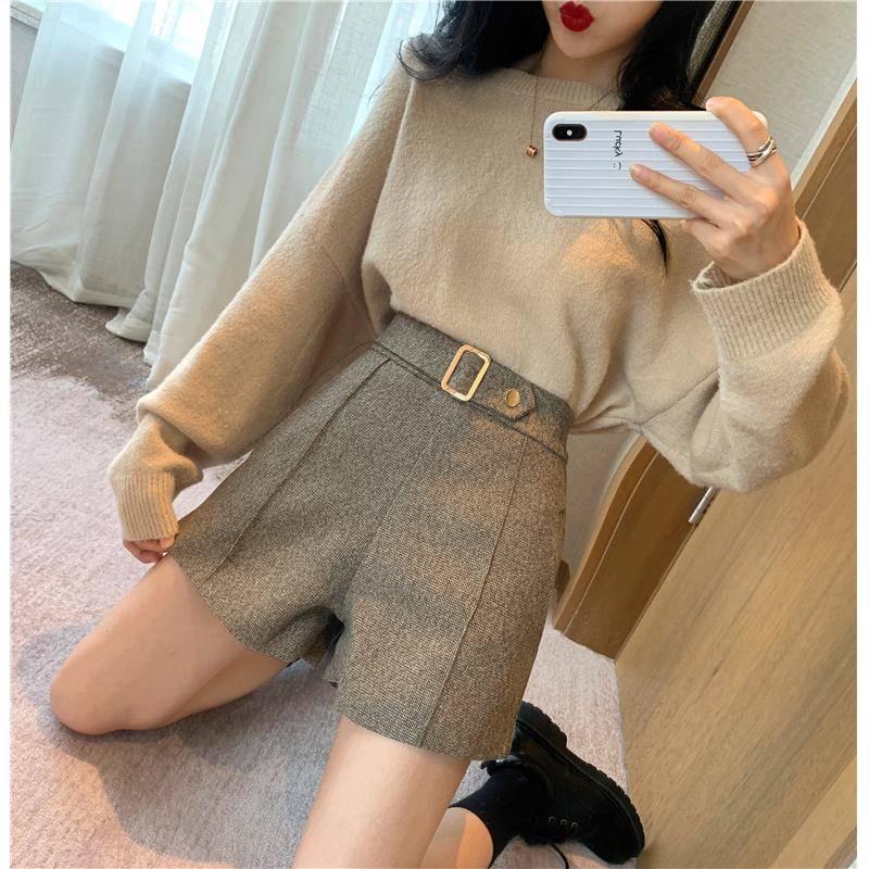 Wool Shorts Women High Waist Plaid Wide Leg Shorts Casual Loose Boots Shorts