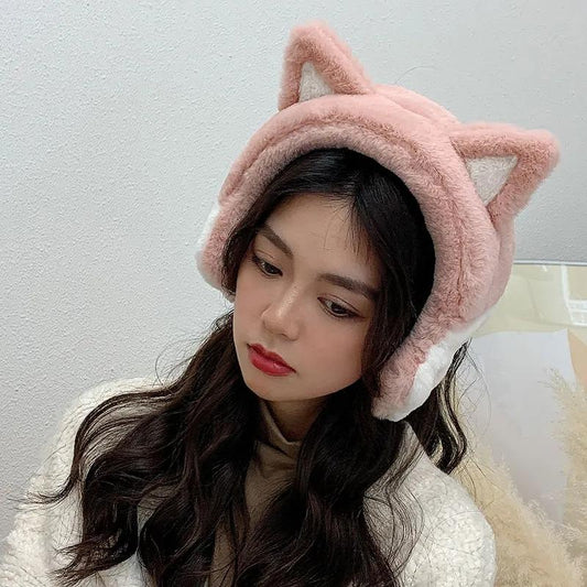 Women's Winter Cat Claw Ears Earmuffs Cute Cartoon Warm Earflaps Wide-brimmed Ear Protection Earwarmers No Shedding Cat Head Band Cover Ear Pad