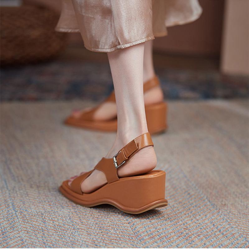 Wedge Sandals Women's Summer Sponge Cake Thick-soled Real Soft Leather Casual Style Summer Fashion High Heels