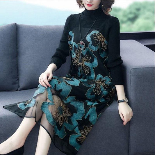 Women's Stitching Mesh Embroidery Sweater Dress Women's Large Size Loose Long A-line Knitted Dress High-end Pullover Sweater Outwear Autumn Winter
