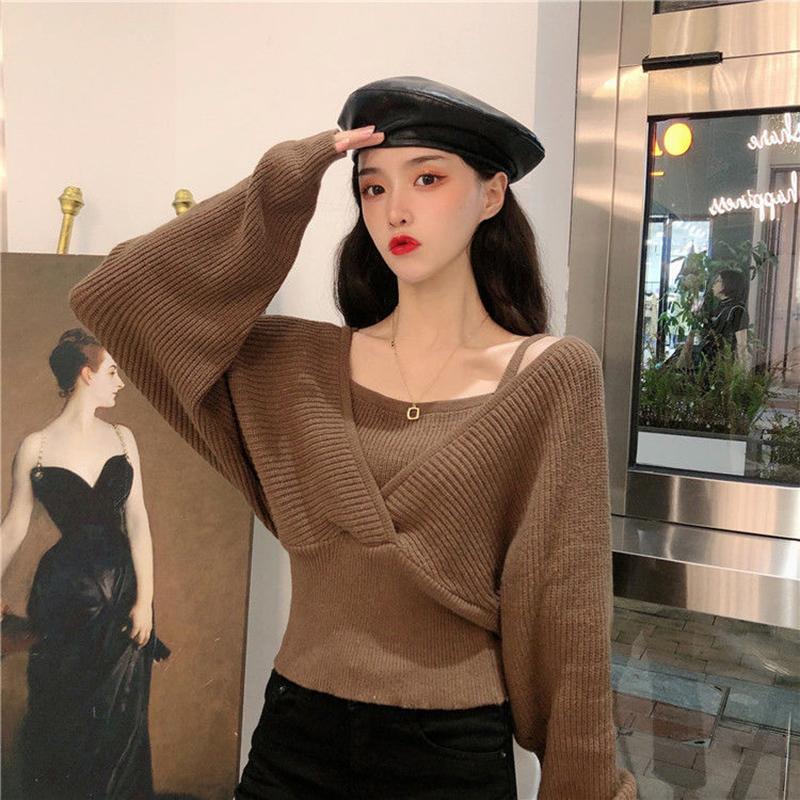 Design Sense French Niche Waist Sleeves Are Thin, Fake Two-piece Clavicle Strapless Large Size Long-sleeved Sweater Women's Blouse