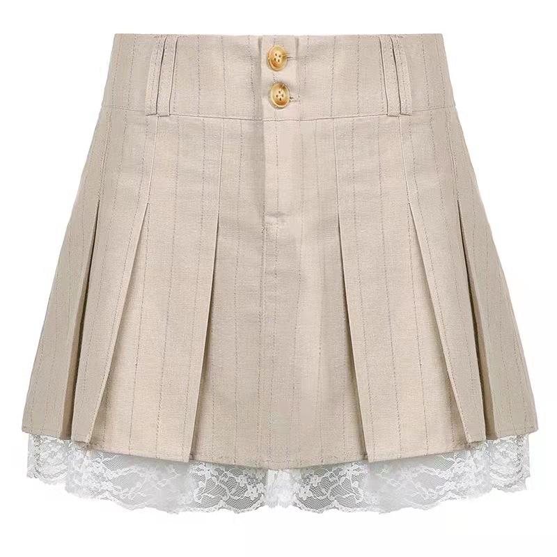 Korean Version of Super Spicy Girl Plus Cotton Linen Lace Stitching Pleated Skirt High Waist Sexy Khaki Lace Pleated Mini Skirt