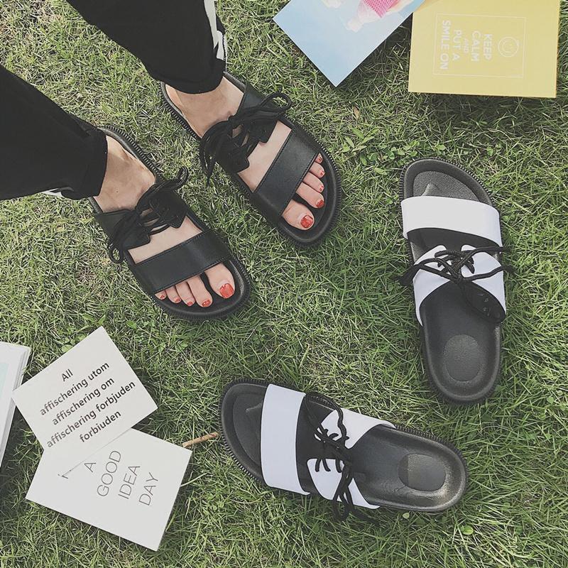 Harajuku Sandals Slippers Couple Summer Korean Student Lace-up Flat Sandals Non-slip Female Sandals and Slippers