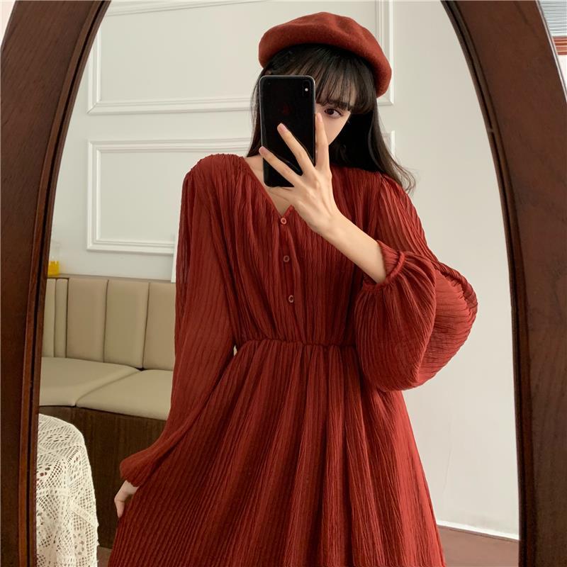Spring Summer Women's Knee-length Dress French Gentle Wind V-neck Chiffon Solid Color Long-sleeved Dress