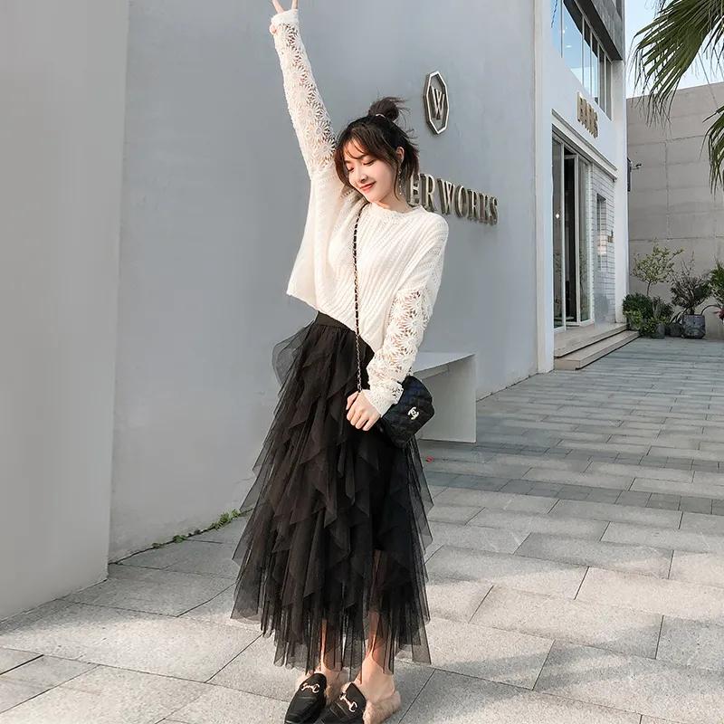 Spring Summer Sweet Cake Mesh Skirt Women's A-line Pleated Skirt Irregular Long Skirt Solid Color Fluffy Gauze Skirt Mid-length