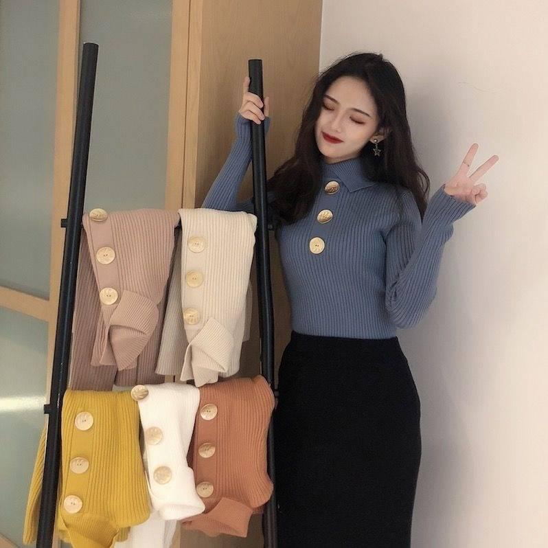 Thick core-spun yarn lapel sweater long-sleeved autumn and winter women's wild slim slimming inside