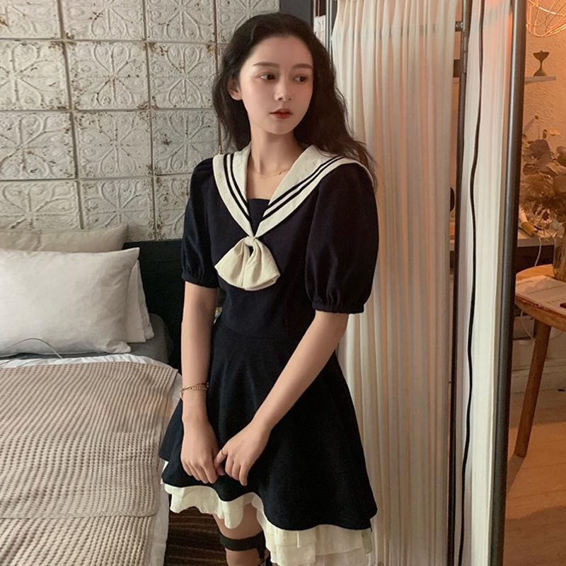 Lolita Sailor Suit Solid Color Cute Sweet Girl College Style Age Reduction Looser  Short Sleeve Dress