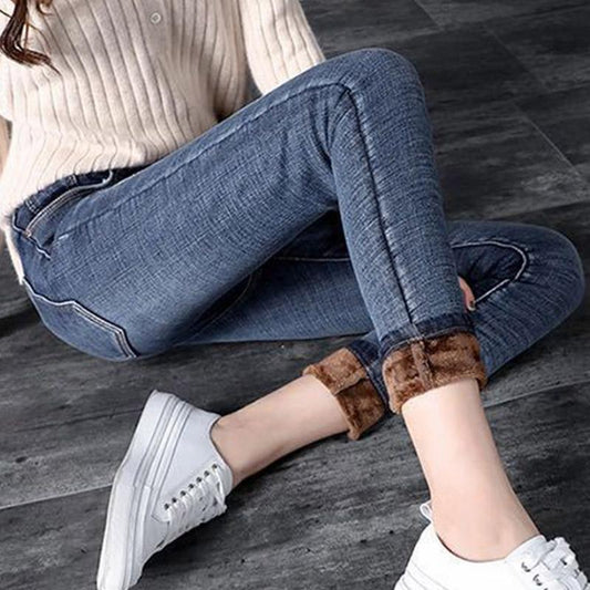 Coffee Velvet Slim Jeans Women's Winter Plus Velvet Thickening Outer Wear Trousers High Waist Leggings Warm Pants with Velvet Feet
