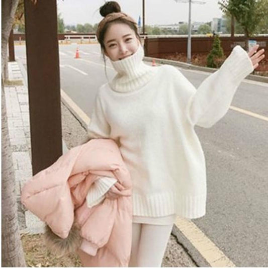 PofuLove Warm Sweater Turtleneck Sweater Women Thick Yellow Loose Mid-length Knitted Top