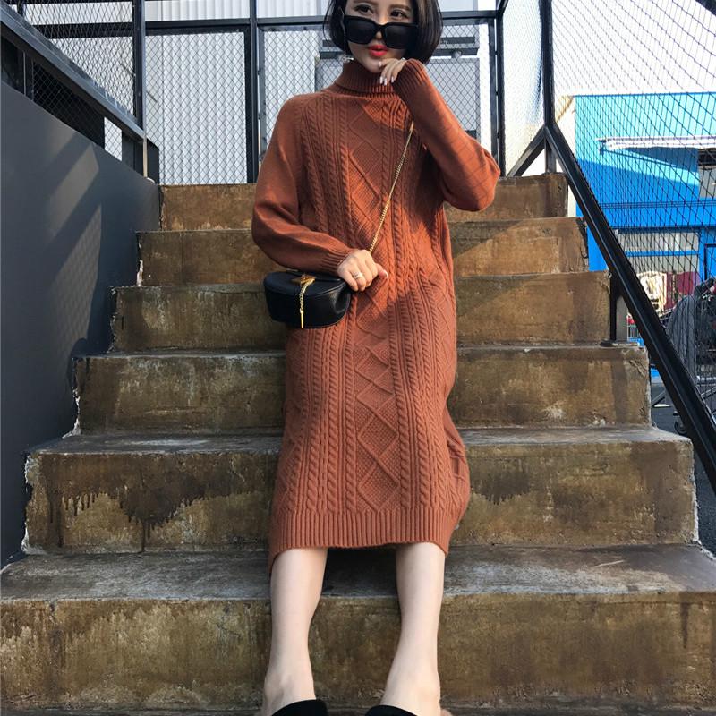 Women Turtleneck Knitwear Dress Long Knitted High Waist Solid Color Sweater Skirt Thick