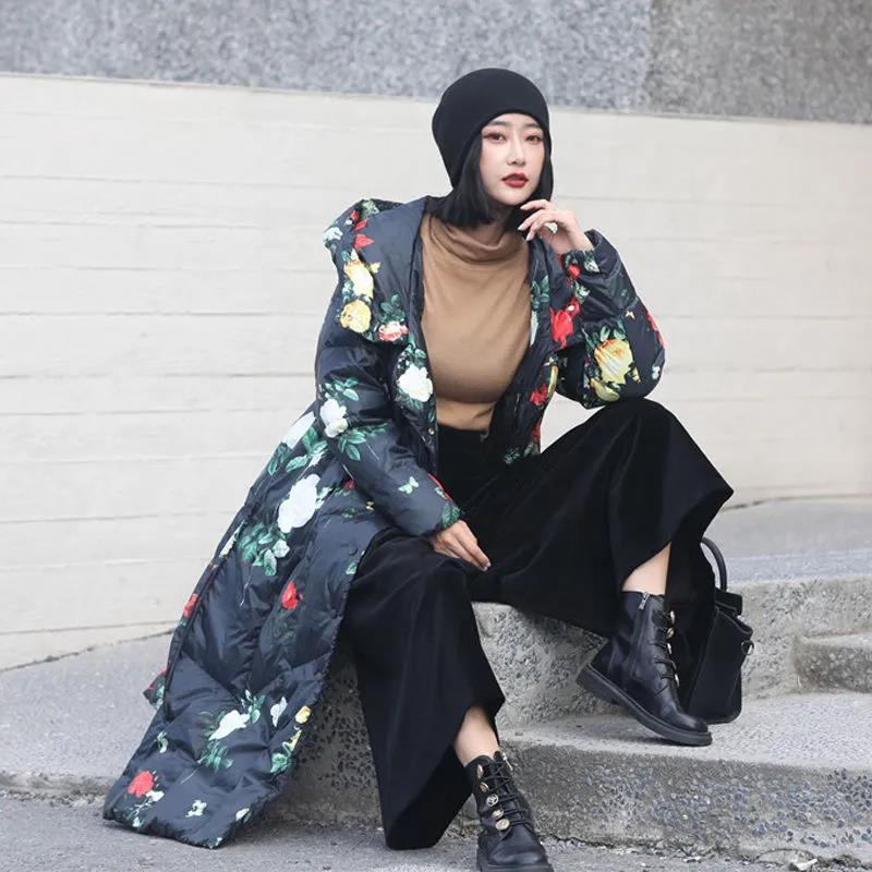 Long Down Jacket Fashion Literary Print Hooded Cotton Jacket Lengthened Thick Loose Plus Size Windbreaker Jacket