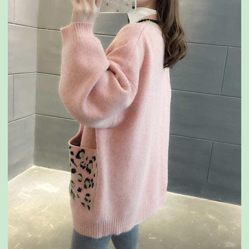 Spring and Autumn V-neck Jacket Knitted Cardigan Leopard Print Top Mid-length Casual Female Student Sweater