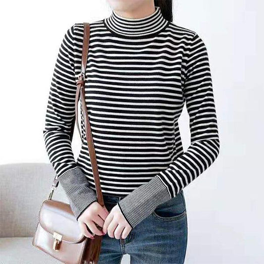 Autumn and Winter Half Turtleneck Black and White Striped Slim-fit Pullover Bottoming Shirt Long Sleeve Inner Knit Sweater Women
