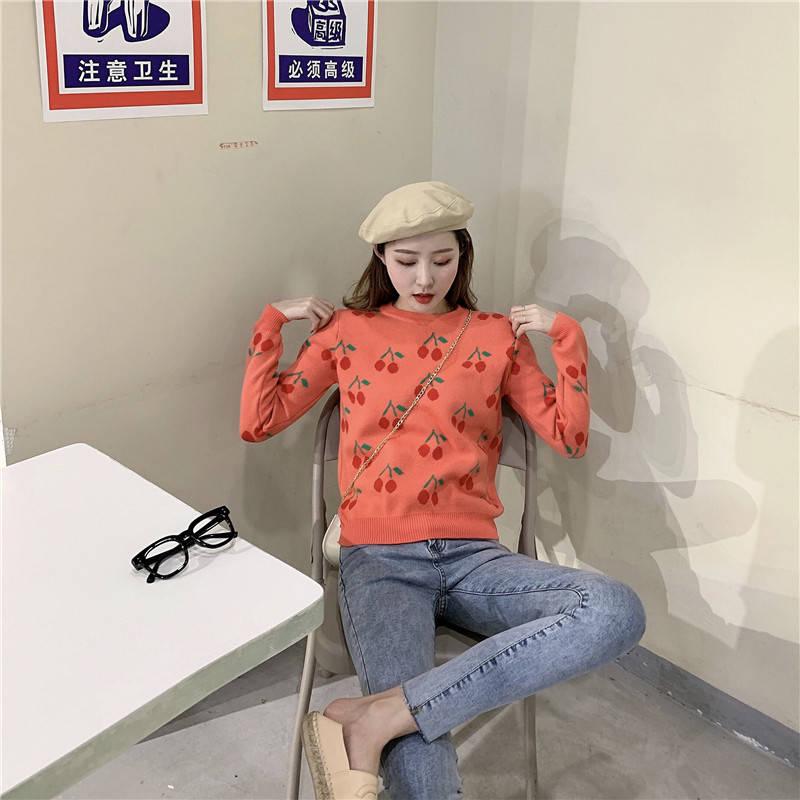 Round Neck Slim Was Thin Sweater Wild Pullover Long Sleeved Cute Cherry Jacquard Sweater
