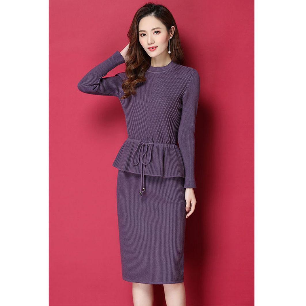 Elegant Autumn Knitted Dress Women Two Piece Set Winter Warm Soft Sweater Dress Lady Casual Dress