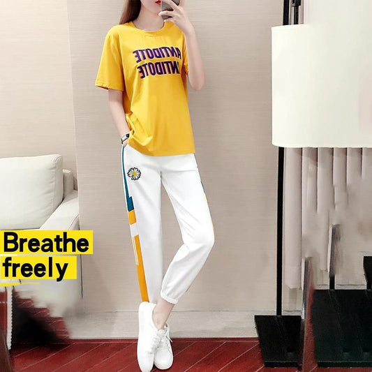 Sports and Leisure Women's Spring and Summer Small Daisy Loose Pants Short-sleeved Two-piece Cute Sports Suit Beautiful and Comfortable