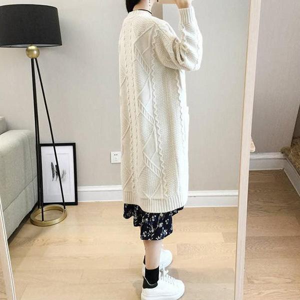 Autumn and Winter Casual Pocket Coat Mid-length Loose Long-sleeved Sweater Solid Color Twist V-neck Cardigan