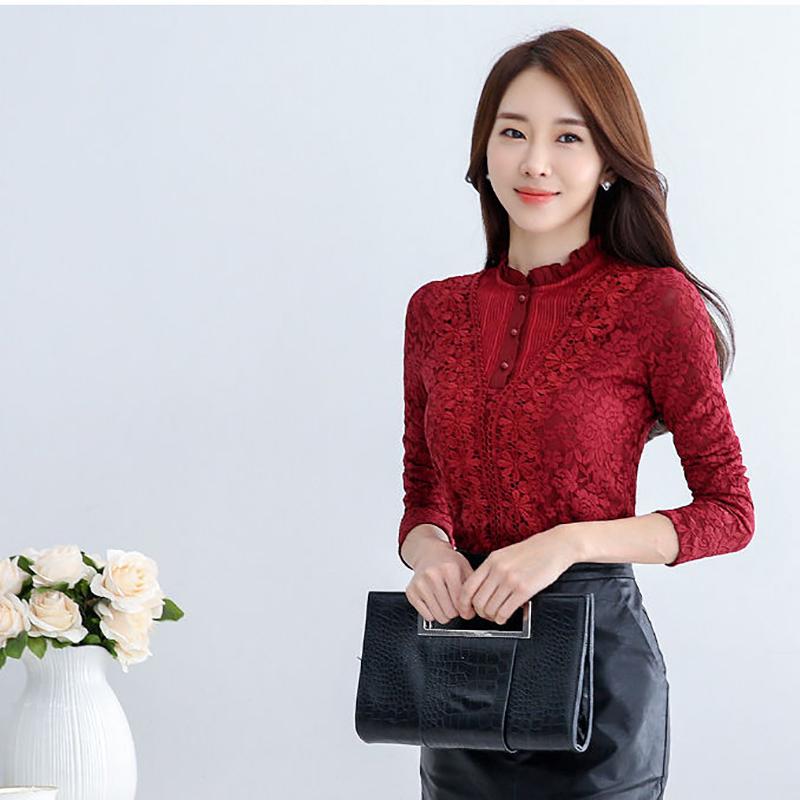 Fashion Trend Ladies Lace Sweater Autumn and Winter Slim Sexy Plus Velvet Thick Warm Blouse