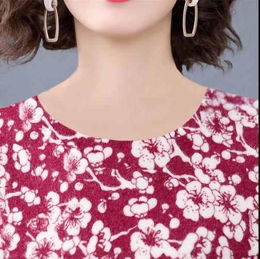 Spring and Autumn Mother Round Neck Long-sleeved T-shirt Women Floral Slim Top Women